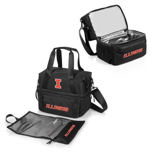 PICNIC TIME NCAA Illinois Fighting Illini Tarana Lunch Bag Cooler with Utensils Made from Recycled Material, Lunch Box with Picnic Set, Upcycled Lunch Cooler Bag, (Carbon Black)