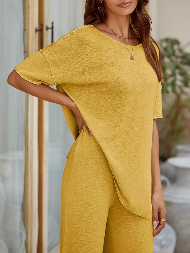 Tankaneo Women's 2 Piece Travel Outfits Casual Short Sleeve Knit Sweater Set Wide Leg Pants Lounge Sets Tracksuit