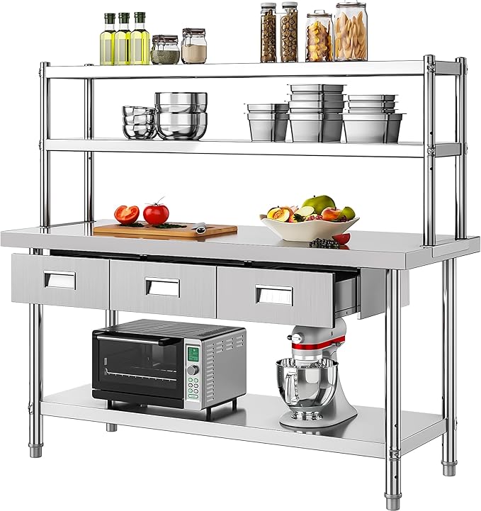 YITAHOME 60" X 24" NSF Stainless Steel Table with Overshelves and 3 Drawers, Work Table with 60" X 12" Shelf & 3 Drawers, Metal Table Prep Table for Commercial Home Kitchen Restaurant Garage Warehouse