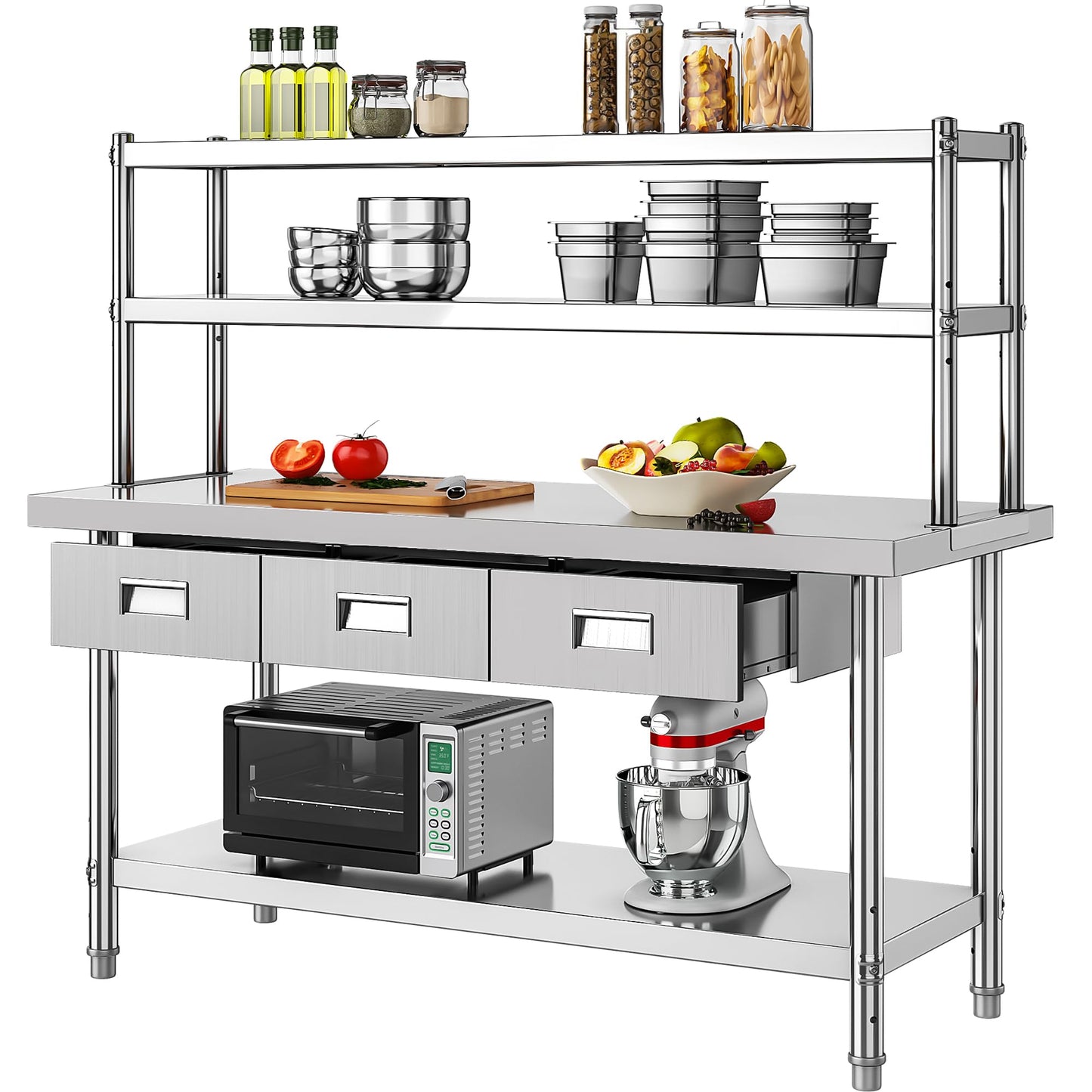 YITAHOME 60" X 24" NSF Stainless Steel Table with Overshelves and 3 Drawers, Work Table with 60" X 12" Shelf & 3 Drawers, Metal Table Prep Table for Commercial Home Kitchen Restaurant Garage Warehouse