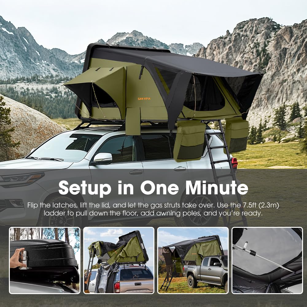 Sanhima Rooftop Tent Hard Shell - Jervis Overland Aluminium ABS Roof Top Tent w/Stargaze Window & LED Strip Light for Car SUV Truck Camping, 2-3 People (Army Green)