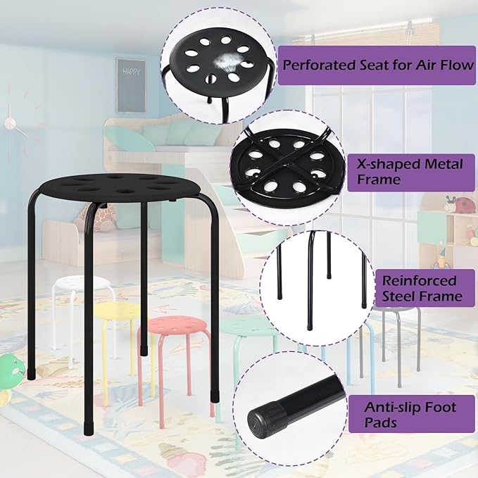 POWERSTONE Stackable Stools Set of 6, 17.5in Portable Stacking Bar Stool Black Classroom Stools with Iron Legs Round Nesting Chairs Flexible Seating for Home Office School