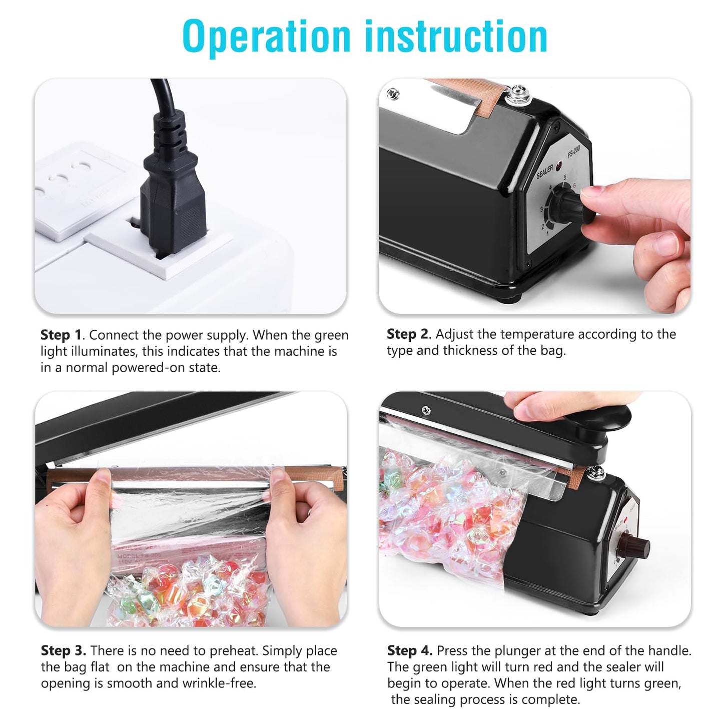 METRONIC 8 inch Bag Sealer, Black Impulse Heat Sealer for Plastic Bags, Poly Bag Sealing Machine with Repair Kit. Clean, Crisp and Fast Sealing Machine