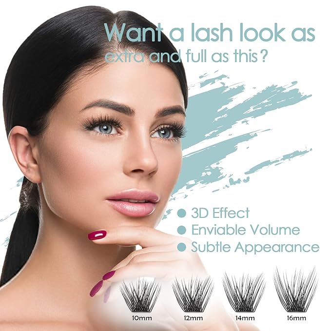 DIY Eyelash Extension, 3D Effect Glue Bonded Band Individual Lash 48 Clusters Volume Lashes Set, Home Eyelash Extension, C curl Lashes Pack 12MM-Volume-48 Clusters