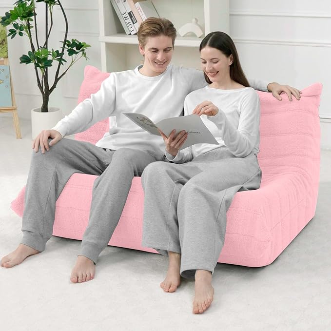 HABUTWAY Bean Bag Chairs Fireside Lazy Floor Sofa, Soft Teddy Fleece 2 Seater Sofa with High-Resilience Foam Filling，Beanbag for Living Room, Bedroom, Office (Pink Teddy)