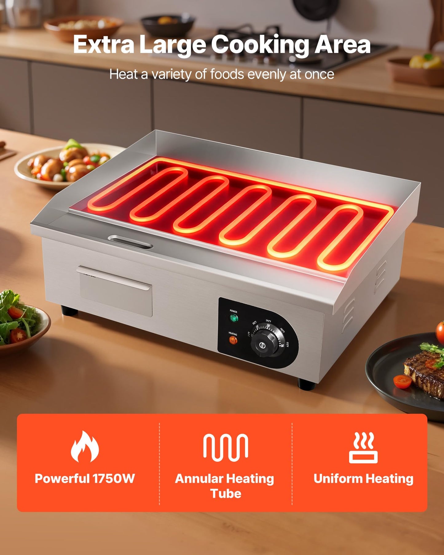 VEVOR Commercial Electric Griddle, 21 x 11.8 inch, 1750W, 122-570°F Adjustable Temp Control, Stainless Steel Countertop Flat Top Grill with 2 Spatulas, 2 Brushes and 4 Foot Pads, for Steak, Pancake