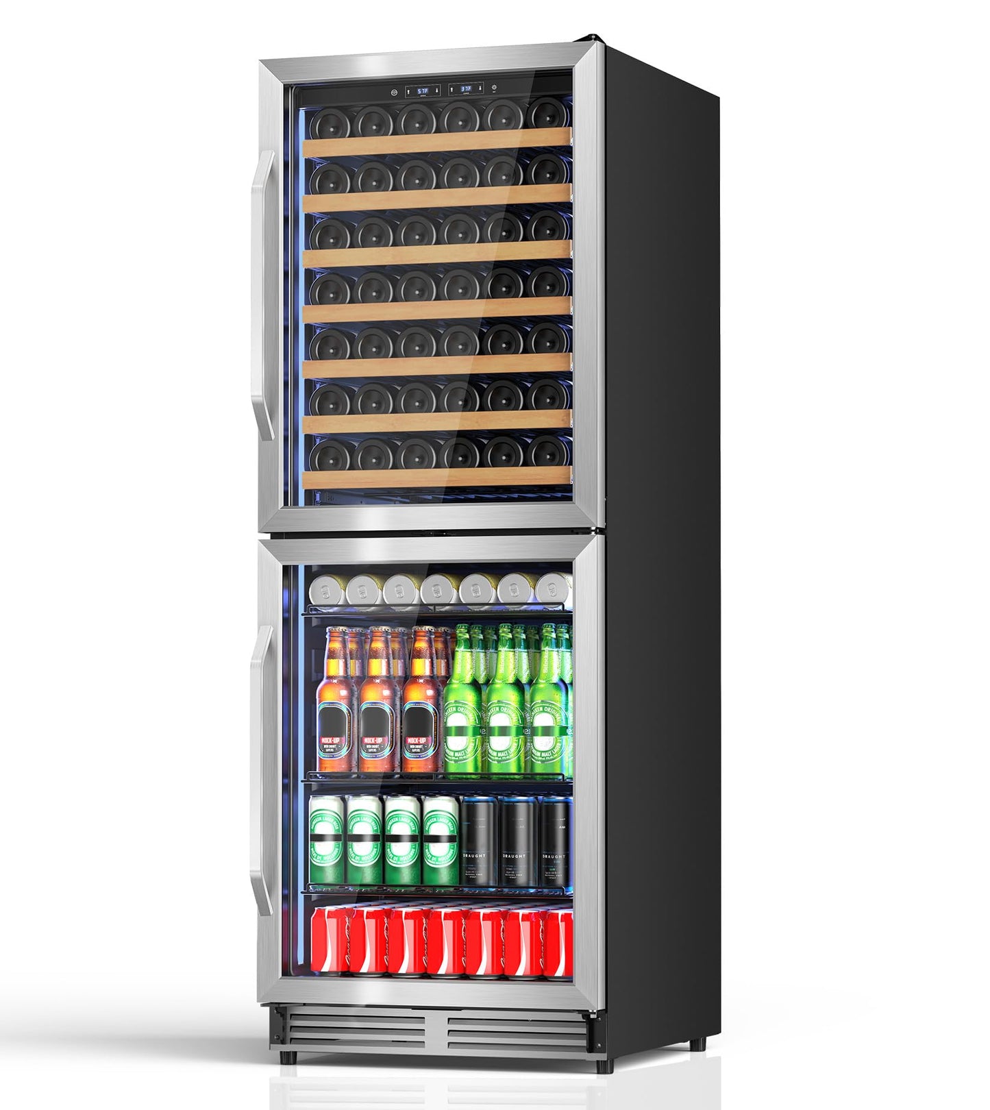 2 IN 1 Wine and Beverage Refrigerator 24", Dual Zone Wine Cooler with Safety Lock, Built-in/Freestanding Beverage Cooler for 77 Bottles 150 Cans, Quiet & Constant Fast Cooling for Home Kitchen Bar