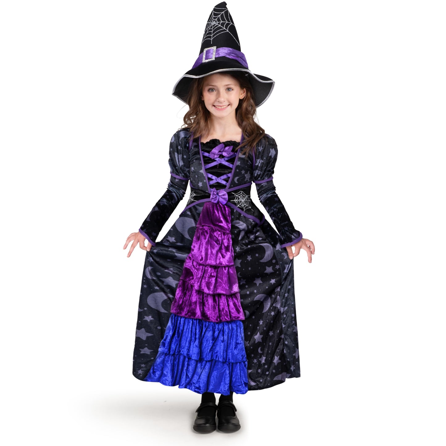 Spooktacular Creations Halloween Child Girl Purple Witch Costume, Toddler Stars and Moon Witch Dress for Kids Halloween Pretend Play Parties (Small (5-7 yr))