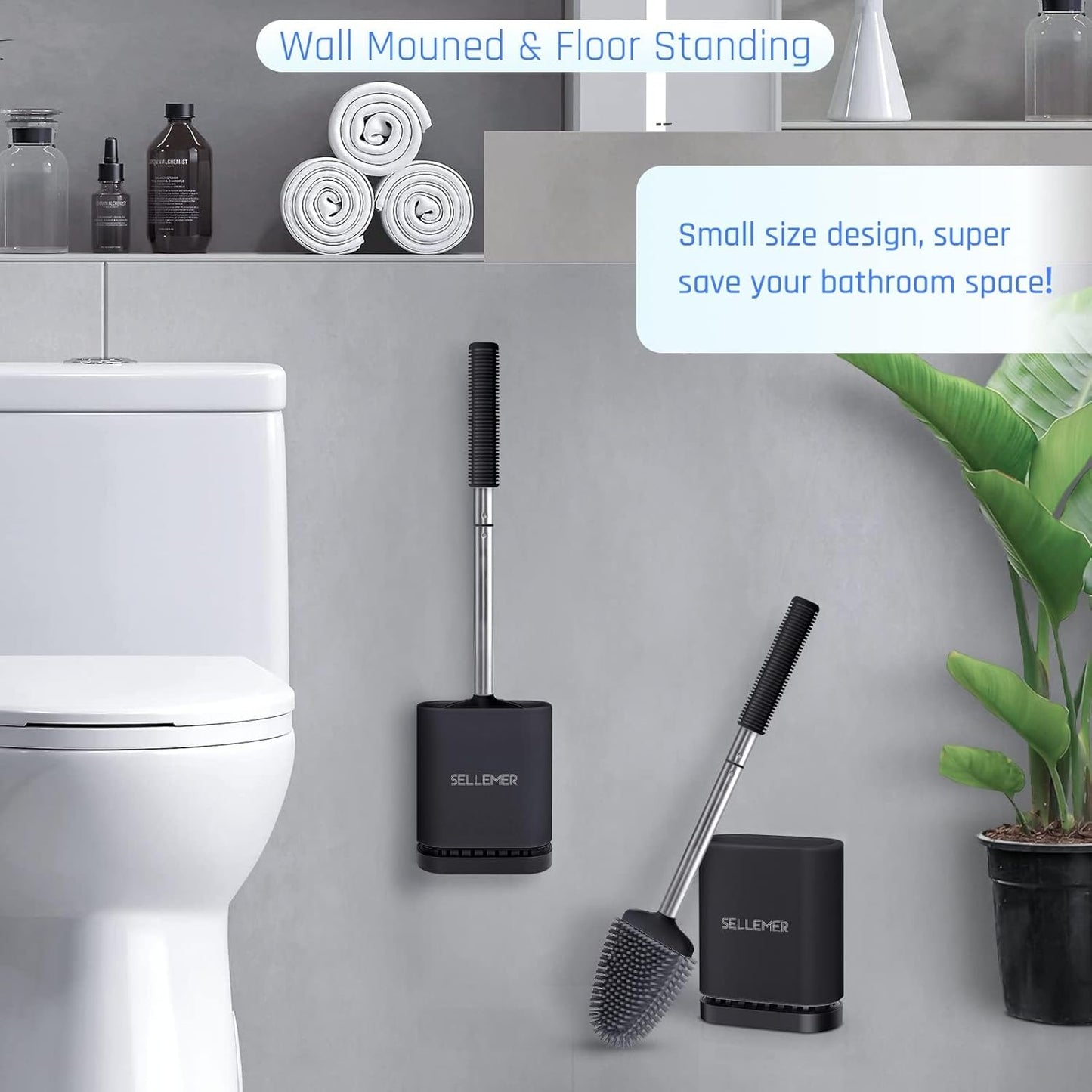 Sellemer Toilet Brush and Holder Set - Flexible Toilet Bowl Brush Head with Silicone Bristles, Compact Size for Storage and Organization, Ventilation Slots Base (2 Pack, Black)