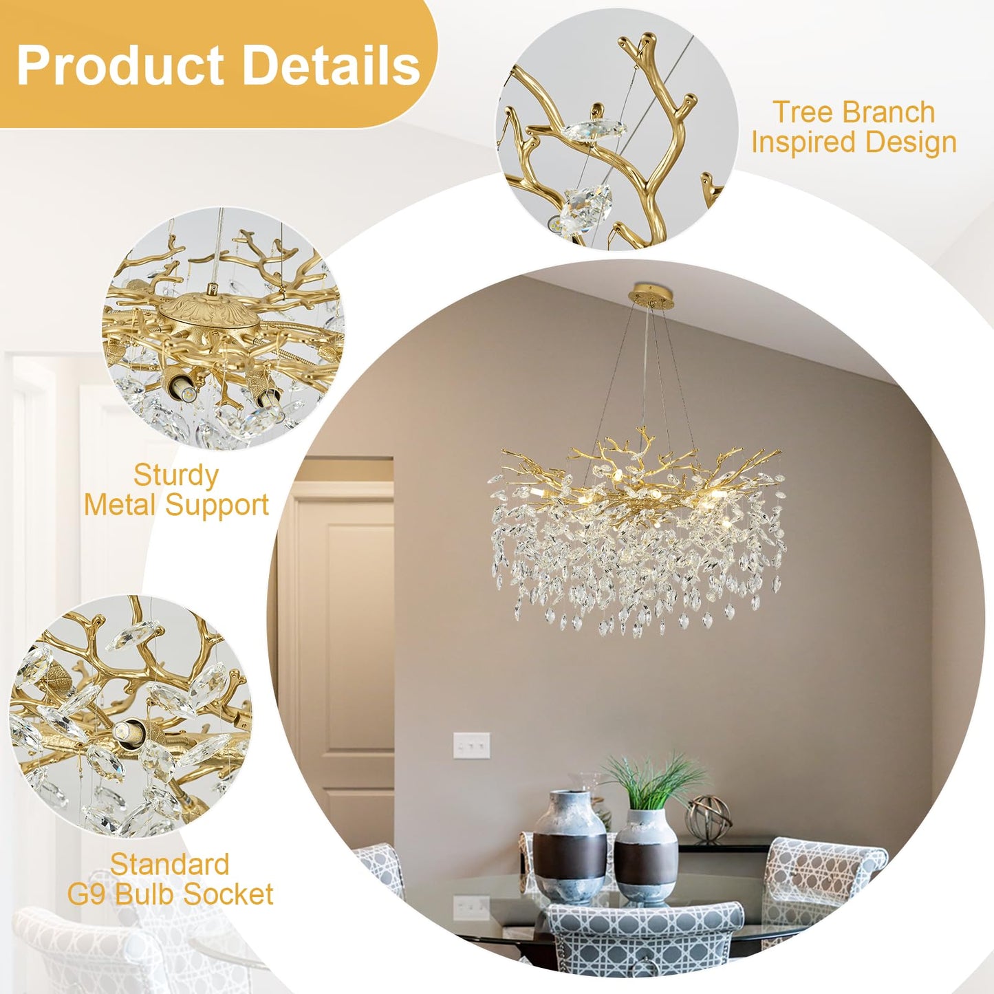 NIUZDU Gold Crystal Tree Branches Chandelier,23" Modern Round Crystal Chandeliers for Dining Room, K9 Crystal Lighting Fixture Chandelier for Bedroom, Living Room, Foyer,Kitchen Island,Bathroom