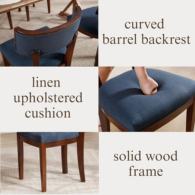 DM Furniture Cozy Upholstered Farmhouse Dining Chair Set of 6, Solid Wood Frame Rustic Side Chair, Curved Back Armless Kitchen Chair for Inviting/Dining/Living Room/Restaurant, Space Saving, Blue