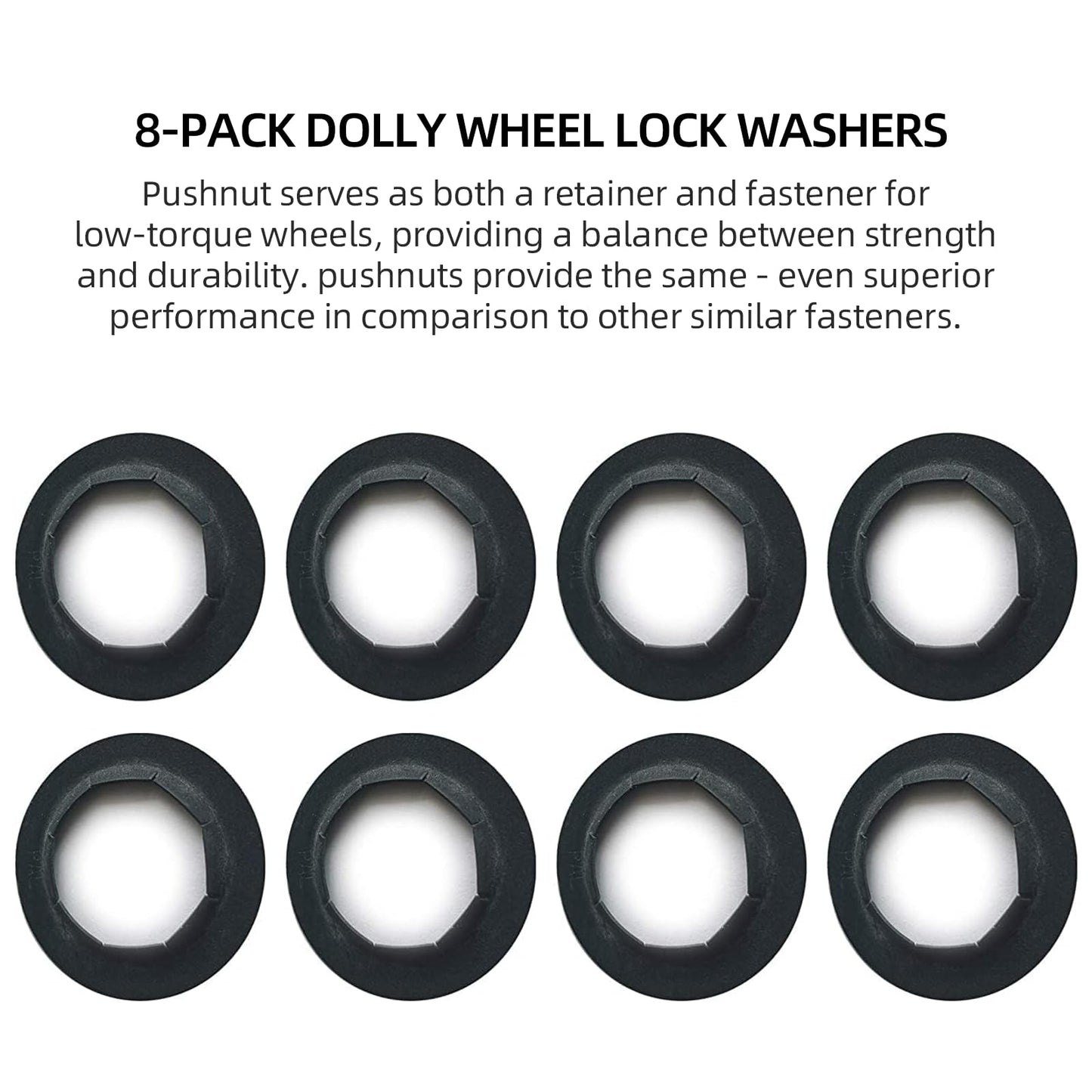 AR-PRO (8 Pack) Hard-to-Find Spring Steel Push-On Pushnuts - Dolly Wheel Lock Washers Fits 5/8" Dolly Axle Rods with Oiled Phosphate Finish