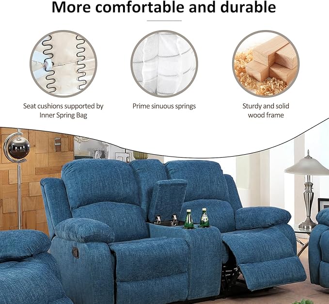 A Ainehome Living Room Furniture Set Leather Recliner Sofa Set Loveseat Chair Furniture Sofa Set for Living Room/Small Space/Rv/House/Office/Theater Seating (A-Blue Microfiber, Loveseat)