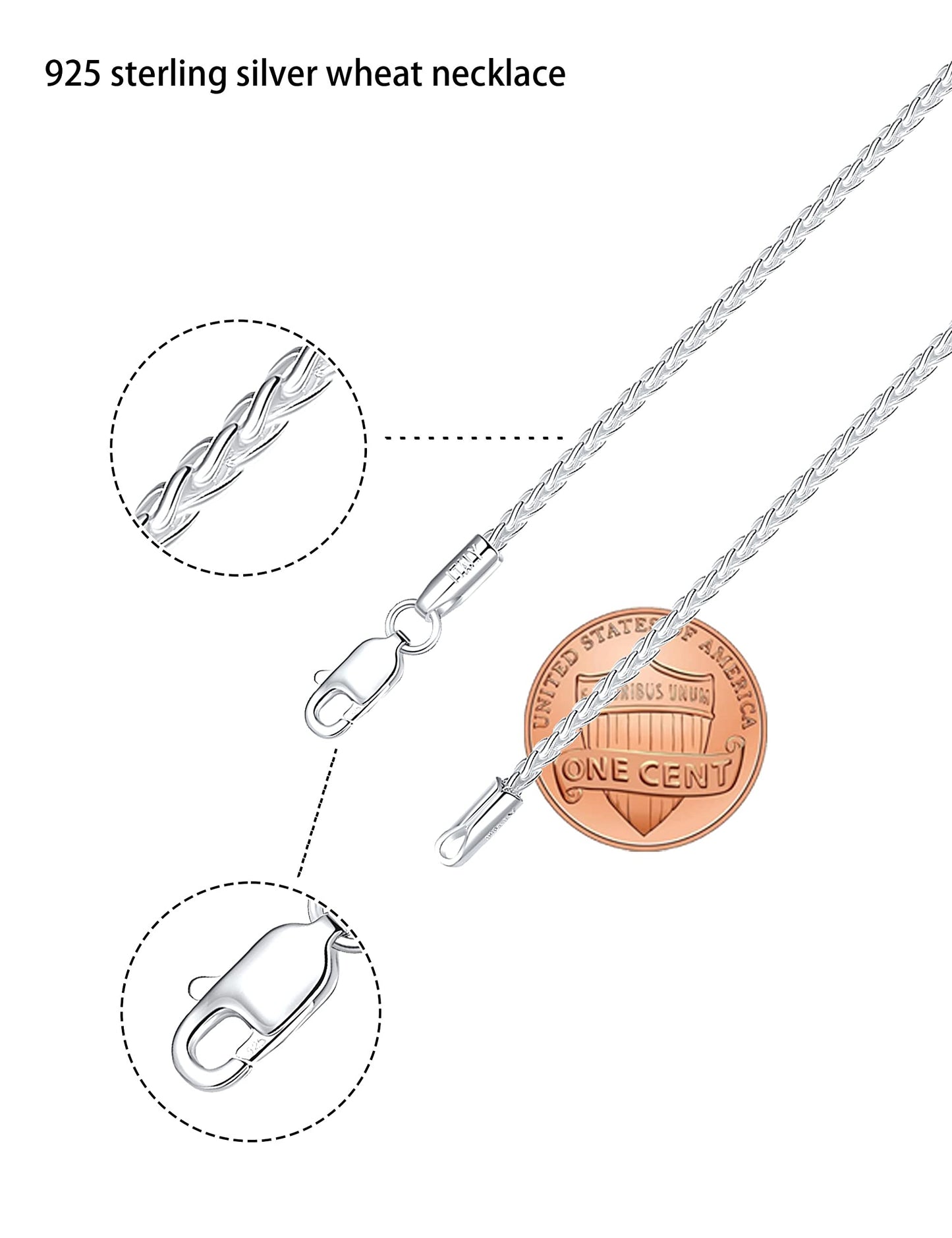 Waitsoul 925 Sterling Silver Wheat Chain Lobster Clasp 2mm Silver Chain for Men Women Silver Necklace Chain 24 Inche