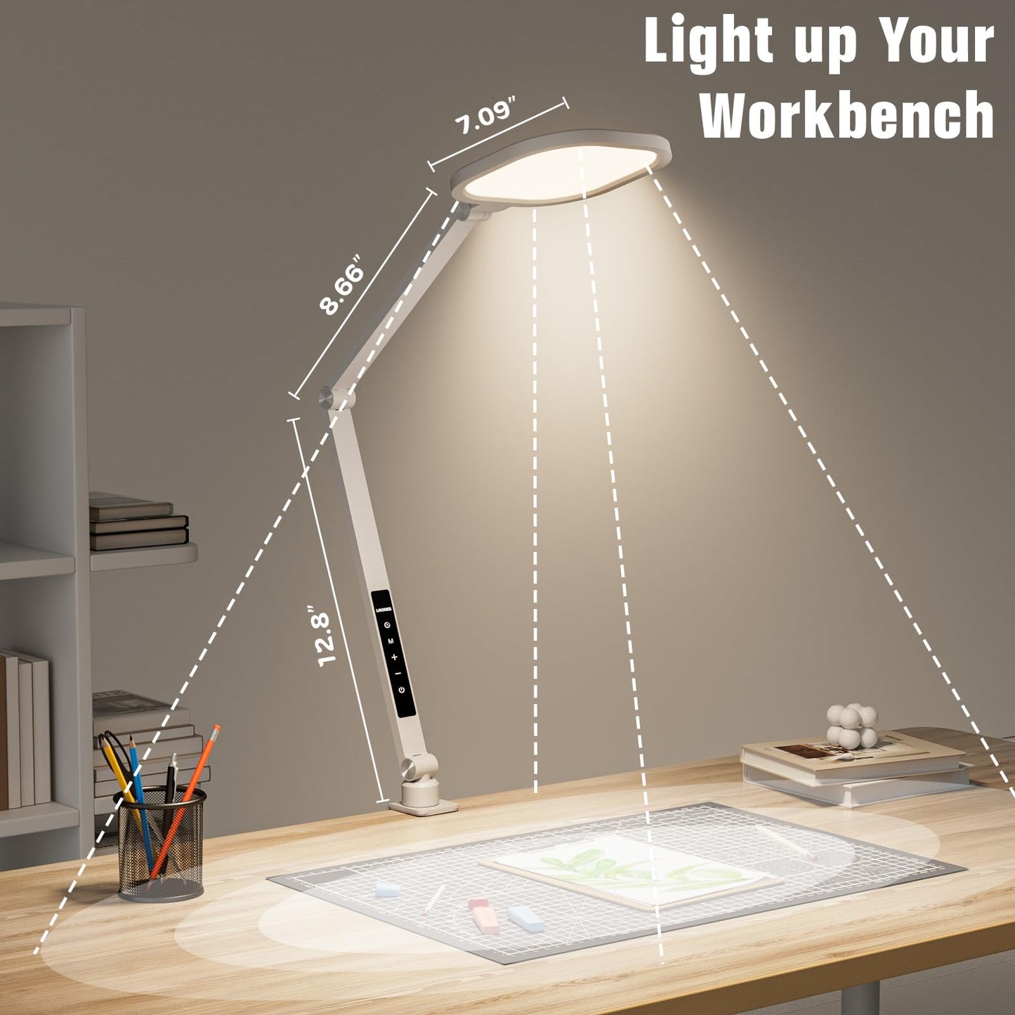LED Desk Lamp for Home Office, 15W Desk Light with C- Clamp, Swing Arm, Memory & Timer Function, 1200LM Dimmable Computer Light for Video Calls, Conference, Study (White-Clamp)