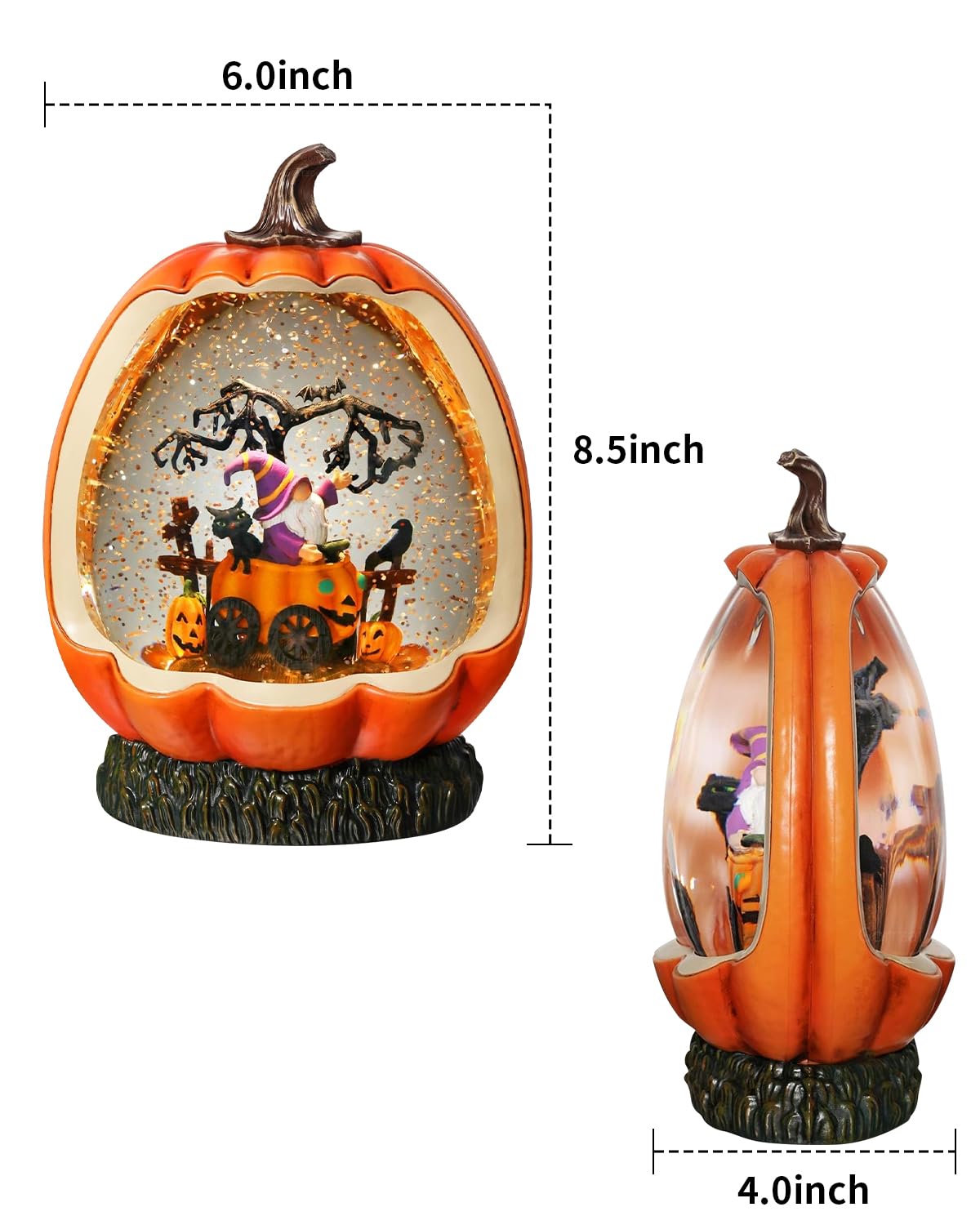 Halloween Pumpkin Snow Globe with Gnome Inside for Halloween Decorations, with Rotating and Lighting Functions，USB or Battery Operated