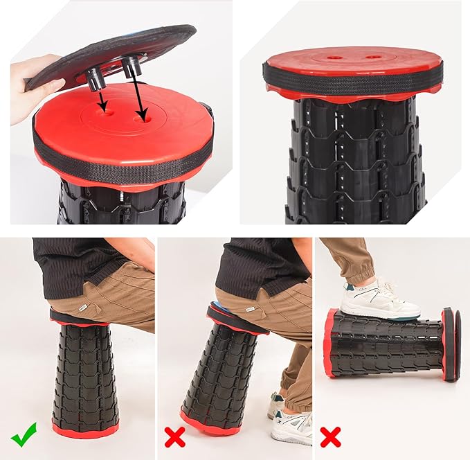 FXKS 2 Pack Portable Telescoping Stools Collapsible Stool with Cushion,Retractable Foldingstool Max Load Capacity 400lbs, Portable Collapsible Stools for Camping Hiking Outdoor BBQ Black-Red