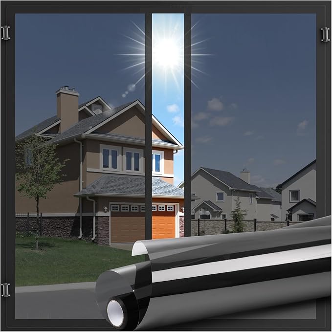 LUTE One Way Window Privacy Film, Window Tint for Home, Sun Blocking UV Heat Blocker, See Out Not in Reflective Mirror Film, Removable Static Cling Glass Door Cover, Black Silver, 23.6" x 157.4"