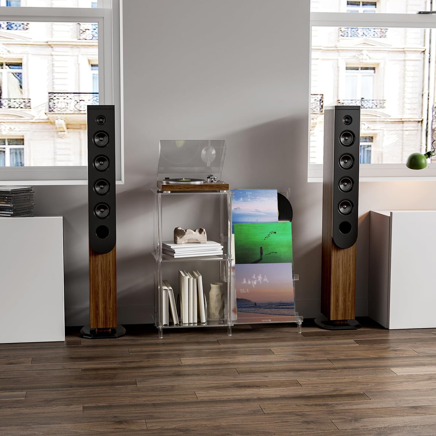 HMYHUM Acrylic Record Player Stand with Vinyl Storage, 3-Tier Table with Record Holder, Holds Up to 200 Albums, with Dividers