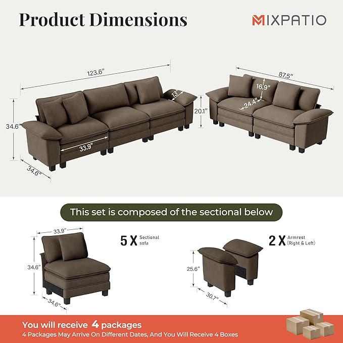 MIXPATIO L-Shaped Cloud Modular Sofa Set with Chaise Lounge, 5-Piece Sectional & Deep Seat, Plush Chenille w/Removable Arms for Living Room - Taupe