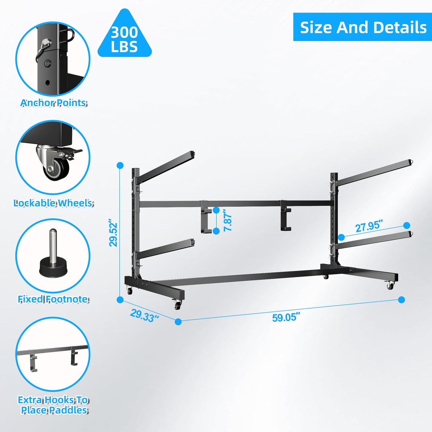 METALYEYE Upgrade 59 '' W 2 Levels Outdoor Indoor Kayak Storage Rack with Wheels & Paddle Hook,Heavy Duty Metal Storage Rack for Kayak, Canoe, Surfboard & Paddleboard,Black