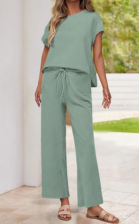 PRETTYGARDEN 2 Piece Outfits For Women Casual Tracksuit Short Sleeve Tops And Wide Leg Long Pants Matching Lounge Sets