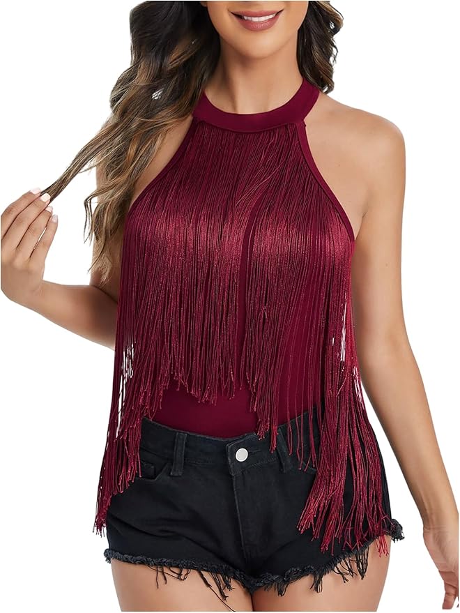 Verdusa Women's Western Fringe Tops Boho Sleeveless Bodycon Halter Bodysuit Top Cowboy Outfits