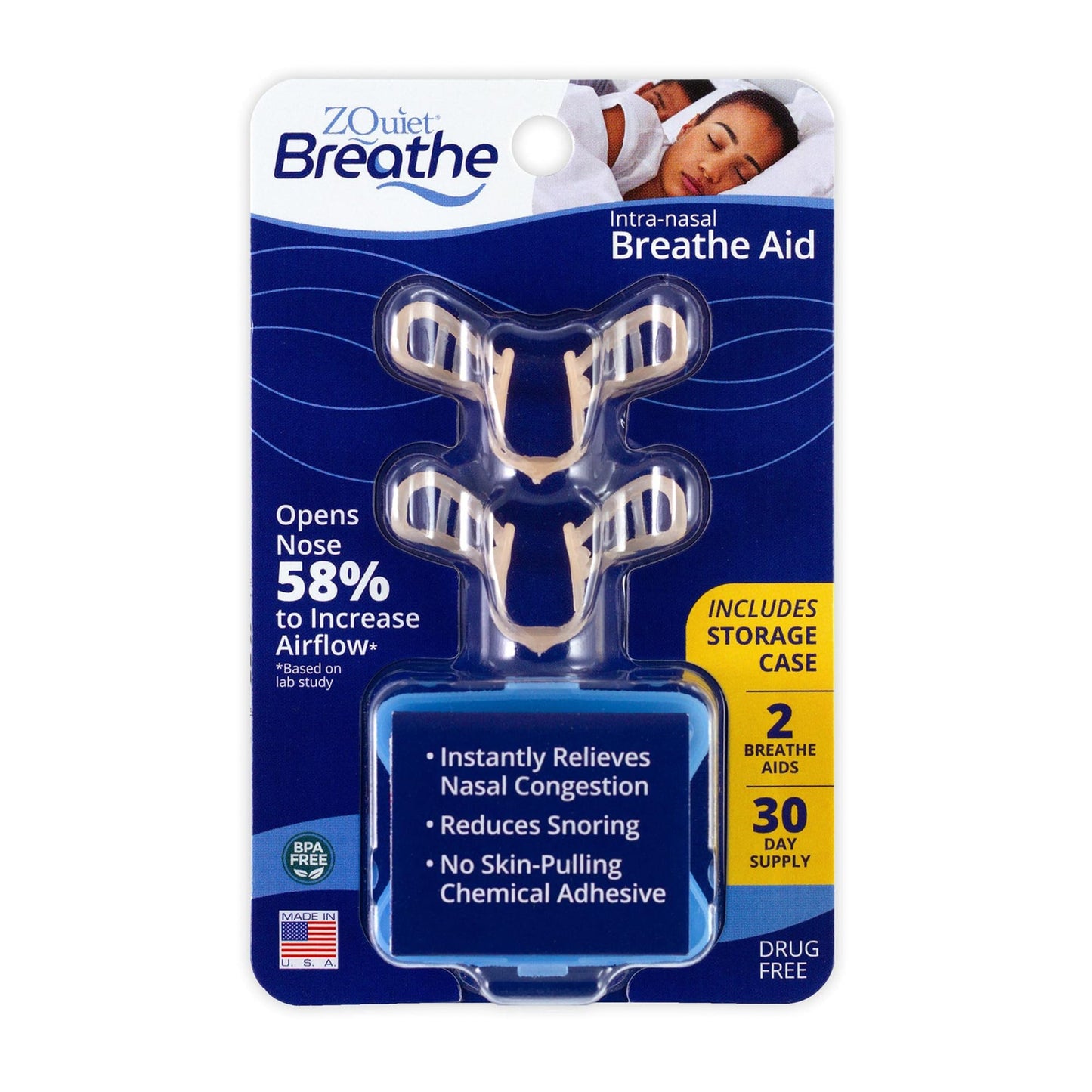 ZQuiet, Breathe, Anti-Snoring Nasal Dilator with Storage Case, Natural Snoring Solution, 2 Count, 30-Day Supply, Made in USA