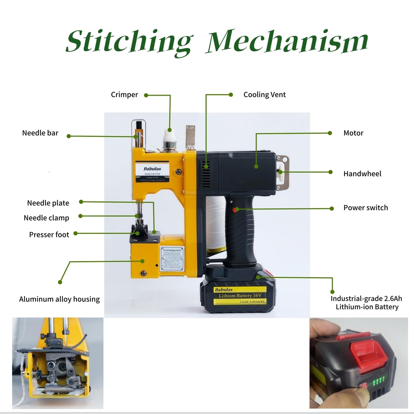 Cordless Bag Sewing Machine |PortableIndustrial Bag Closer |2-Second Fast Sealingfor Woven PP/Canvas/Jute Bags |Factory &Farm Bag Stitcher (Yellow, Lithium Battery-36VDC)