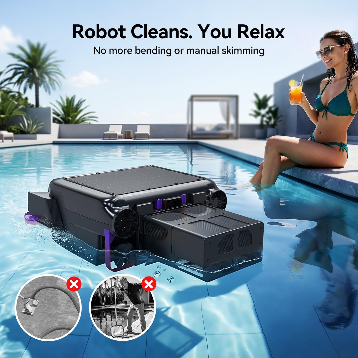 Redroad Solar-Powered Robotic Pool Surface Skimmer Cleaner with 24/7 Continuous Cleaning and Re-Engineered Twin Salt Tolerant Motors, Dual Charging,Smart Obstacle Avoidance, 150-um Filtration