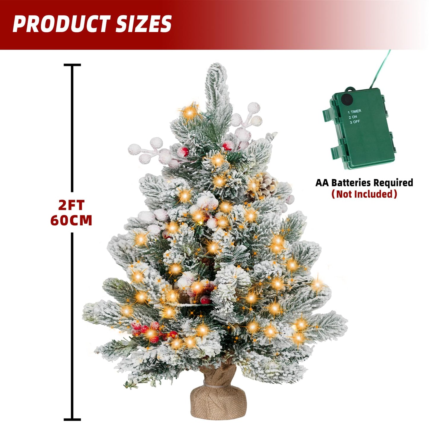 ININ 2FT Pre-lit Mini Christmas Snow Flocked Tree,Tabletop Artificial Christmas Tree with LED Lights, Small Xmas Pine Tree with Cloth Bag Base for Christmas Decor,12 Clusters Berry & 8 Pinecones