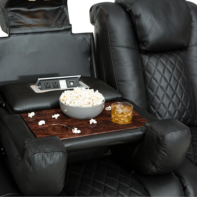 Seatcraft Anthem Italian Leather Sofa w/Fold-Down Table & Loveseat w/Storage Console, Living Room, Power Headrest, Power Recline, Black