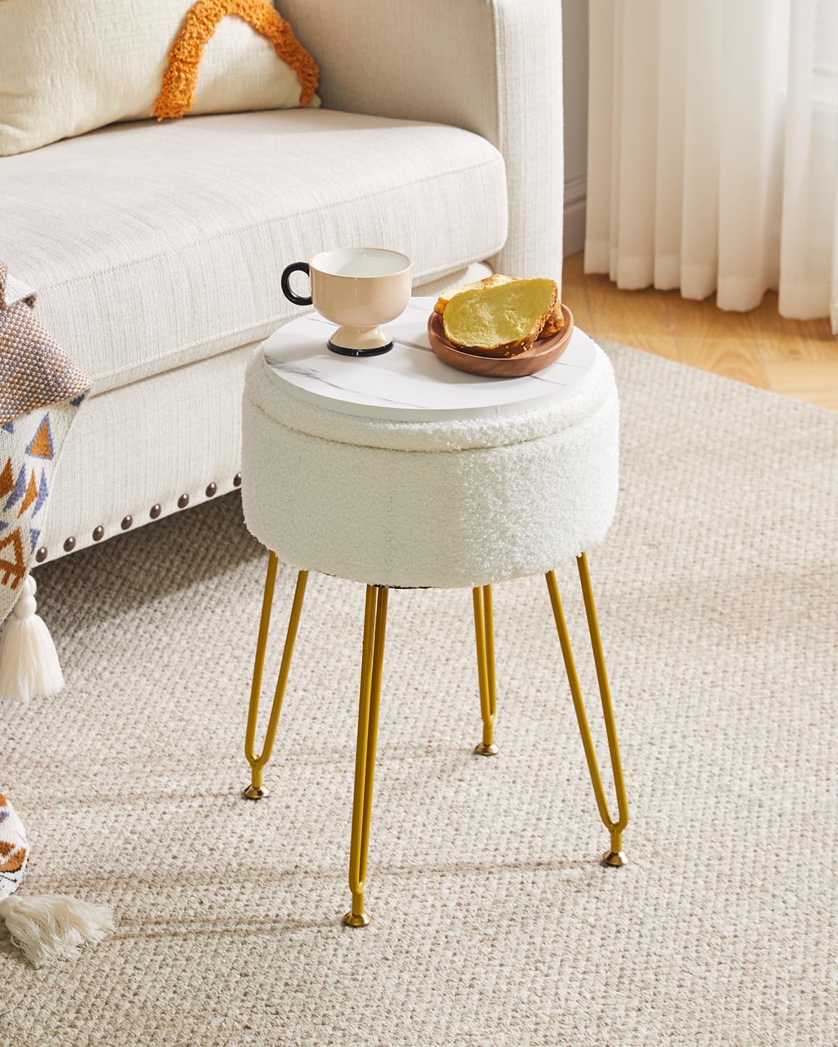 IBUYKE Teddy Velvet Storage Footrest Stool Ottoman, Makeup Vanity Stool Side Table with Removable Cover, Golden Steel Legs, Coffee Table Top Cover, White WBD010W