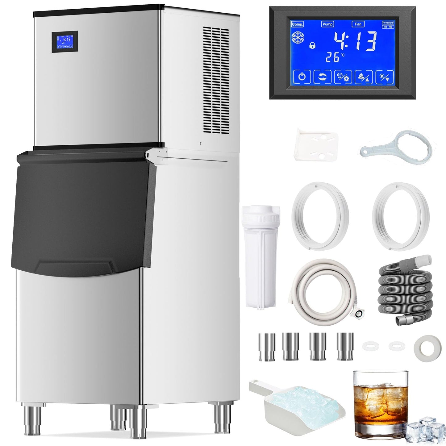 Commercial Ice Maker Machine 575Lbs/24H with 400LBS Large Storage Bin Ice Ready in Air Cooled Clear Cube Ice for Bar Business Cafe (575 Lbs/24H)