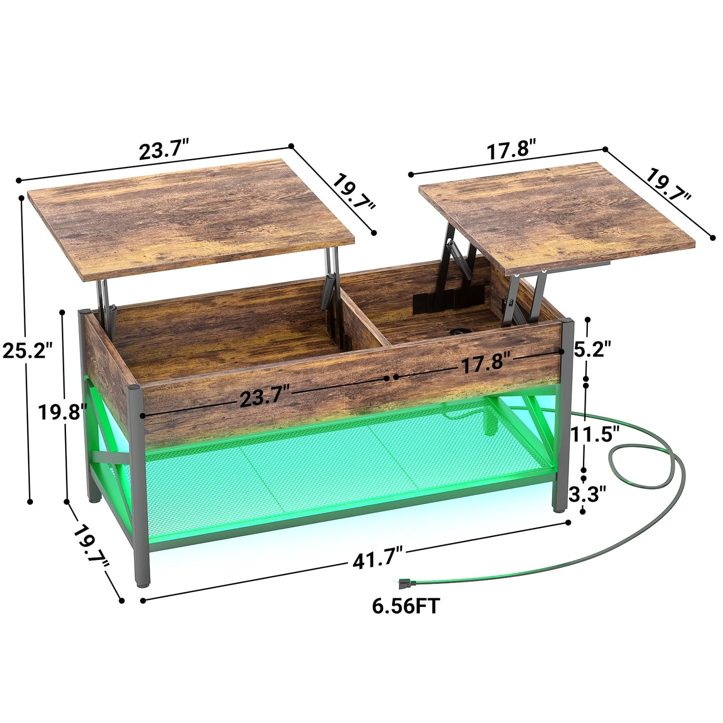 Aheaplus Coffee Table with LED Light and Power Outlet, Modern Lift-Top Center Table with Storage Shelf, for Living Room with Lift Tabletop, X Support Metal Frame, Rustic Brown