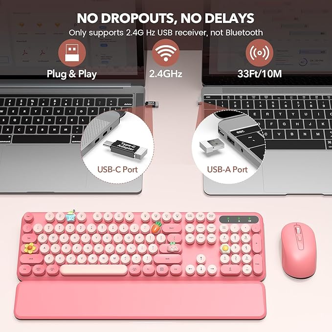 Wireless Keyboard and Mouse Combo, Retro Keyboard with Round Keycaps, Full-Size Typewriter Style Keyboard with Detachable Wrist Rest, 2.4GHz Only Cordless Connection for Windows/PC/Laptop (Baby Pink)