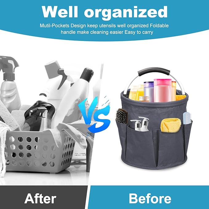 Cleaning Caddy with Handle, 17L Collapsible Cleaning Products Organiser Bucket Tool Organizer in 600D Oxford Fabric Portable Multi Cleaning Bucket Bag for Home Garden (Dark Grey)