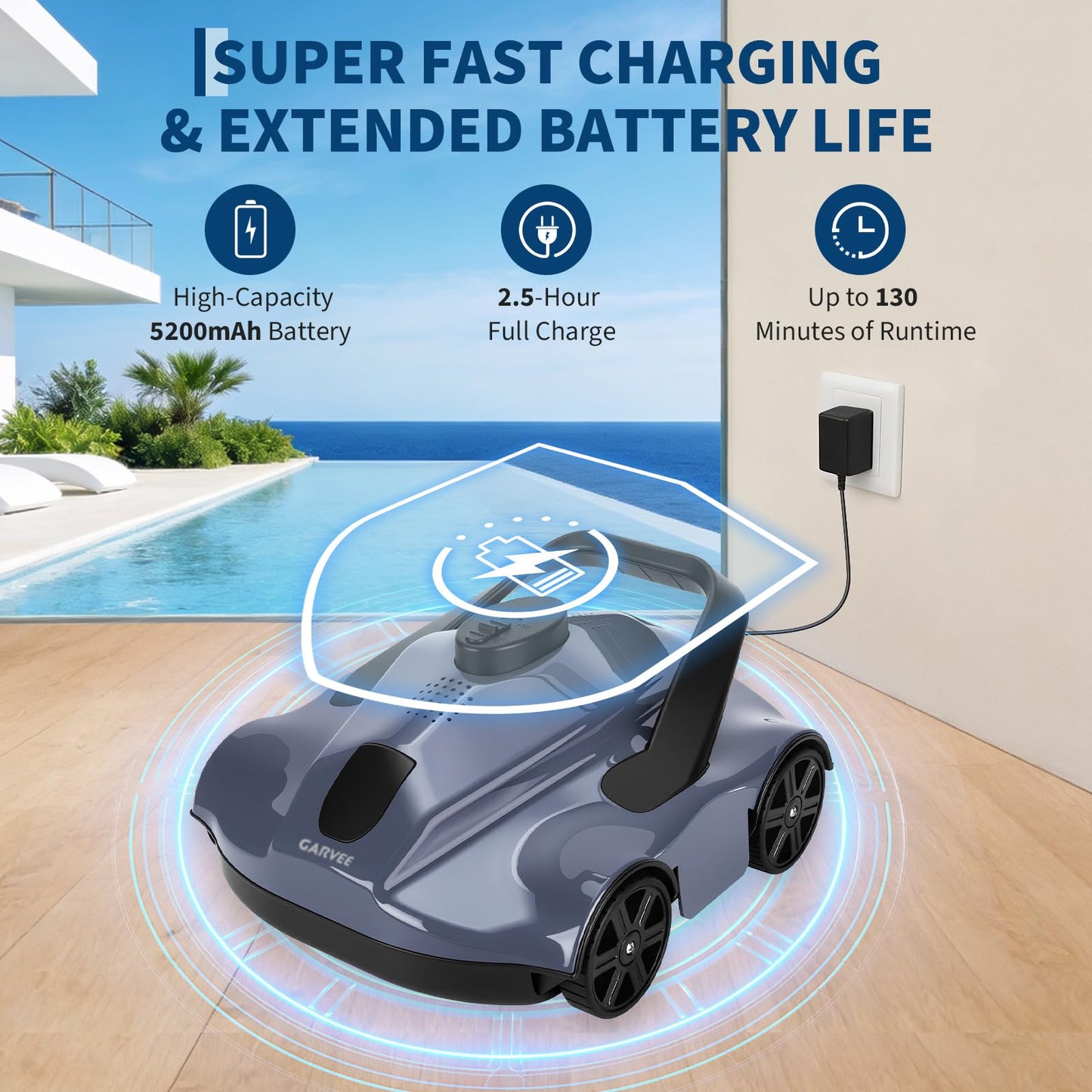 Garvee Cordless Robotic Pool Vacuum Cleaner with 130-Min Runtime, Self-Parking Technology for Above-Ground Pools up to 860 Sq.Ft, Efficient Filtration & Portable Design