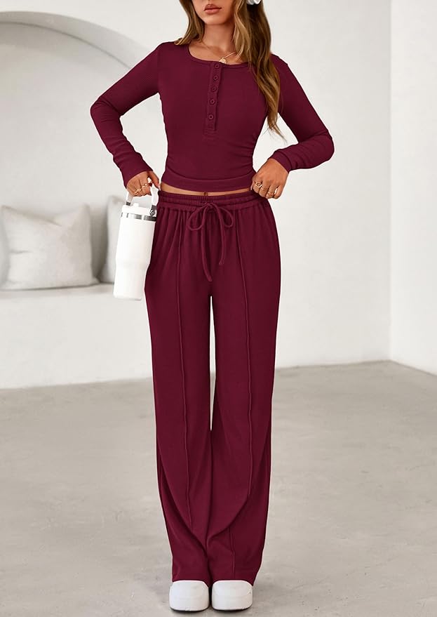 PRETTYGARDEN Women's 2026 Fall Trendy 2 Piece Outfits Lounge Sets Long Sleeve Top Henley Shirts Wide Leg Pants Travel Clothes