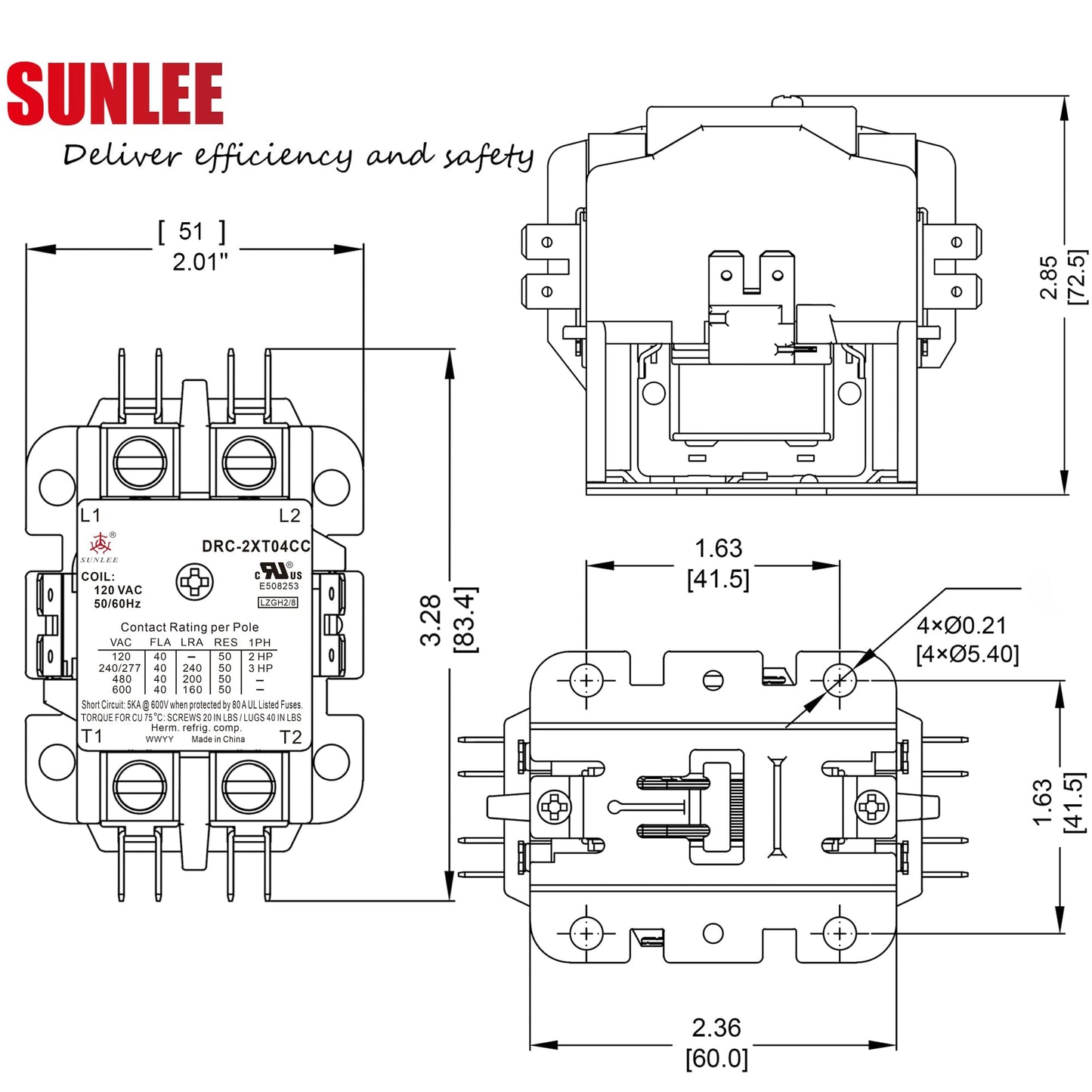 SunLee 2 Pole 40 Amp contactor 120v Coil UL 2 Pole Lighting Load 50 AMP Contactor Equivalent to 42CF15AF for Condenser Compressor HVAC Contactor