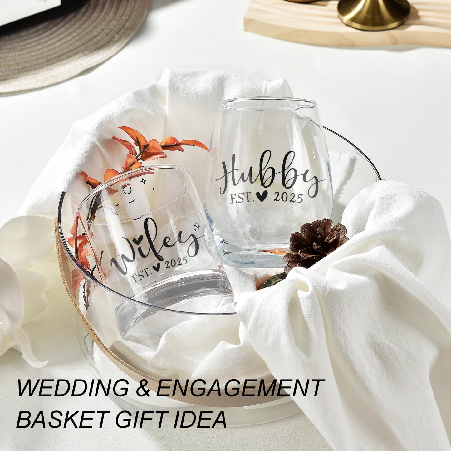 Jacriah Wedding Gifts for Couples - Hubby & Wifey EST 2025 Wine and Whiskey Glass Set - Engagement, Bridal Shower Gift for Newlyweds Mr. Mrs.