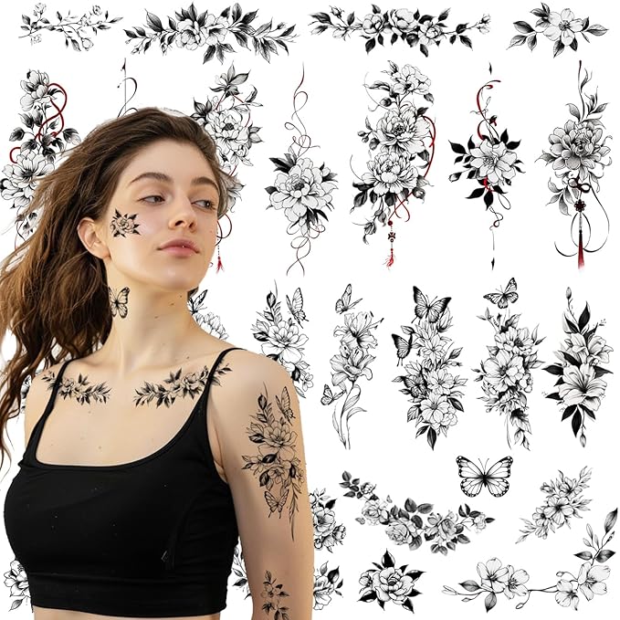 CHARLNET Large Flower Temporary Tattoos for Women - 28 Pcs Sexy Black Flower Rose Fake Tattoos for Women Body Art Arm Chest Legs Shoulder Abdomen