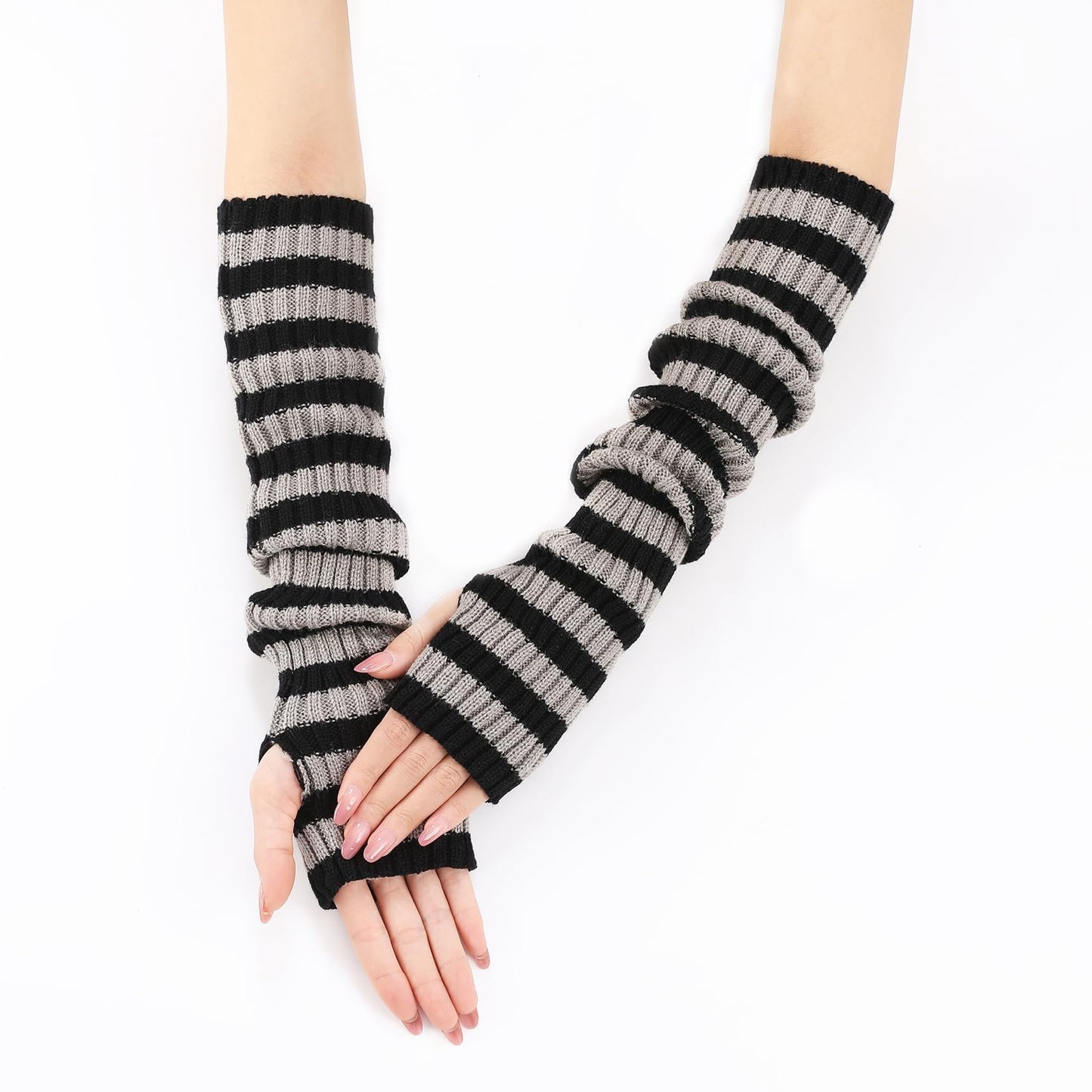 Pangogogo Punk Gothic Rock Striped Arm Warmers Y2k & Emo Accessories (Grey)