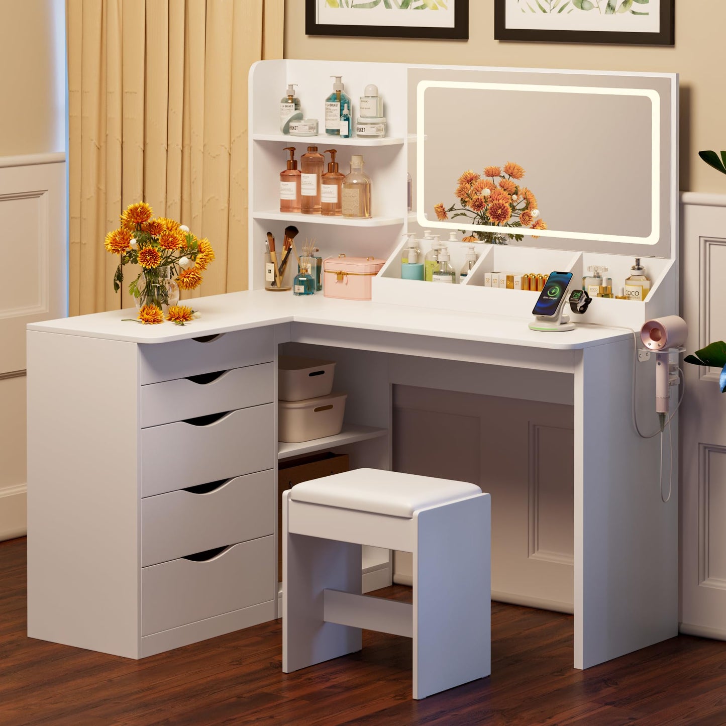 JUMMICO Makeup Vanity Desk with Mirror and Lights, L- Shaped Vanity, Modern Vanity Table with 5 Drawers & Adjustable Shelves, Power Outlet with Fast Charging, for Bedroom (White)