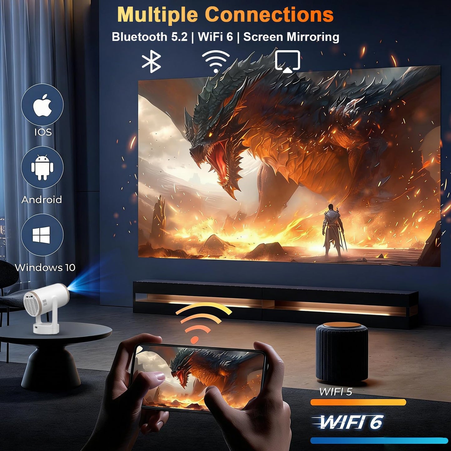 [Built-in Apps] 2-in-1 Portable Projector & LED Night Light, Smart Projector with WiFi and Bluetooth, Supports 4K/1080P, Electric Focus/Enhanced Speaker, Home Movie Projector for Bedroom