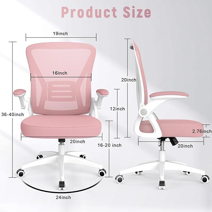 naspaluro Ergonomic Office Chair, Computer Chair with Adjustable Height, Flip-Up Arms and Lumbar Support, Breathable Mesh Desk Chair for Home Study Working (Without Headrest, Pink)