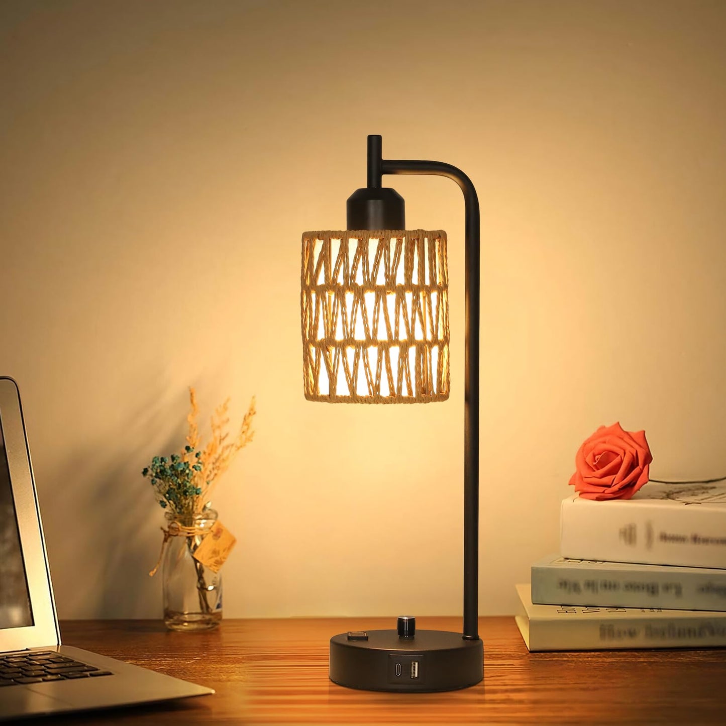 Stepeak Rattan Table Lamps for Living Room Set of 2, Boho Bedside Lamps with LED Bulbs, USB Charging Ports and Outlet, Farmhouse Nightstand Lamp with Woven Shade, Black Desk Lamp for Bedroom Office