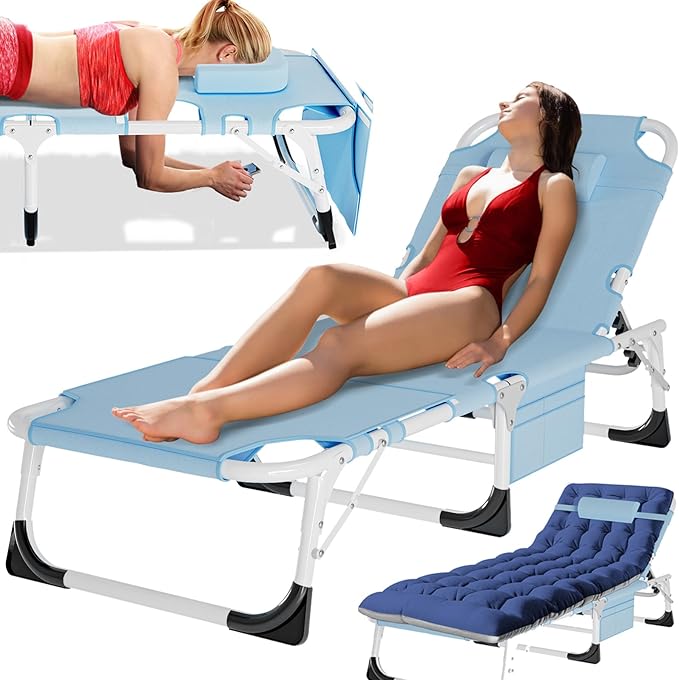 MOPHOTO Tanning Lounge Chair 5-Position, Outdoor Sunbathing Chairs Folding Chaise Lounge, Sun Tanning Lounger with Face Hole, Perfect for Pool Beach Patio Sunbathing