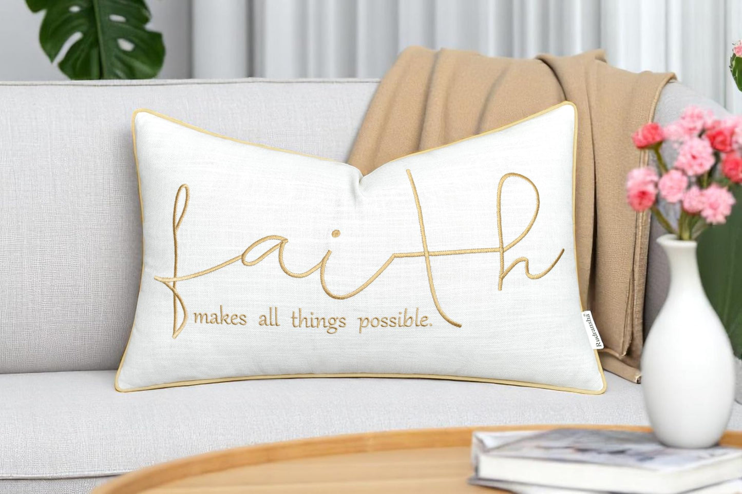Rudransha 12x20 Faith Lumbar Pillow Cover - Embroidered Quote Design - Decorative Throw Pillow for Couch, Sofa, Bedroom, Entryway, Bench - Religious Home Decor Gift - Ivory