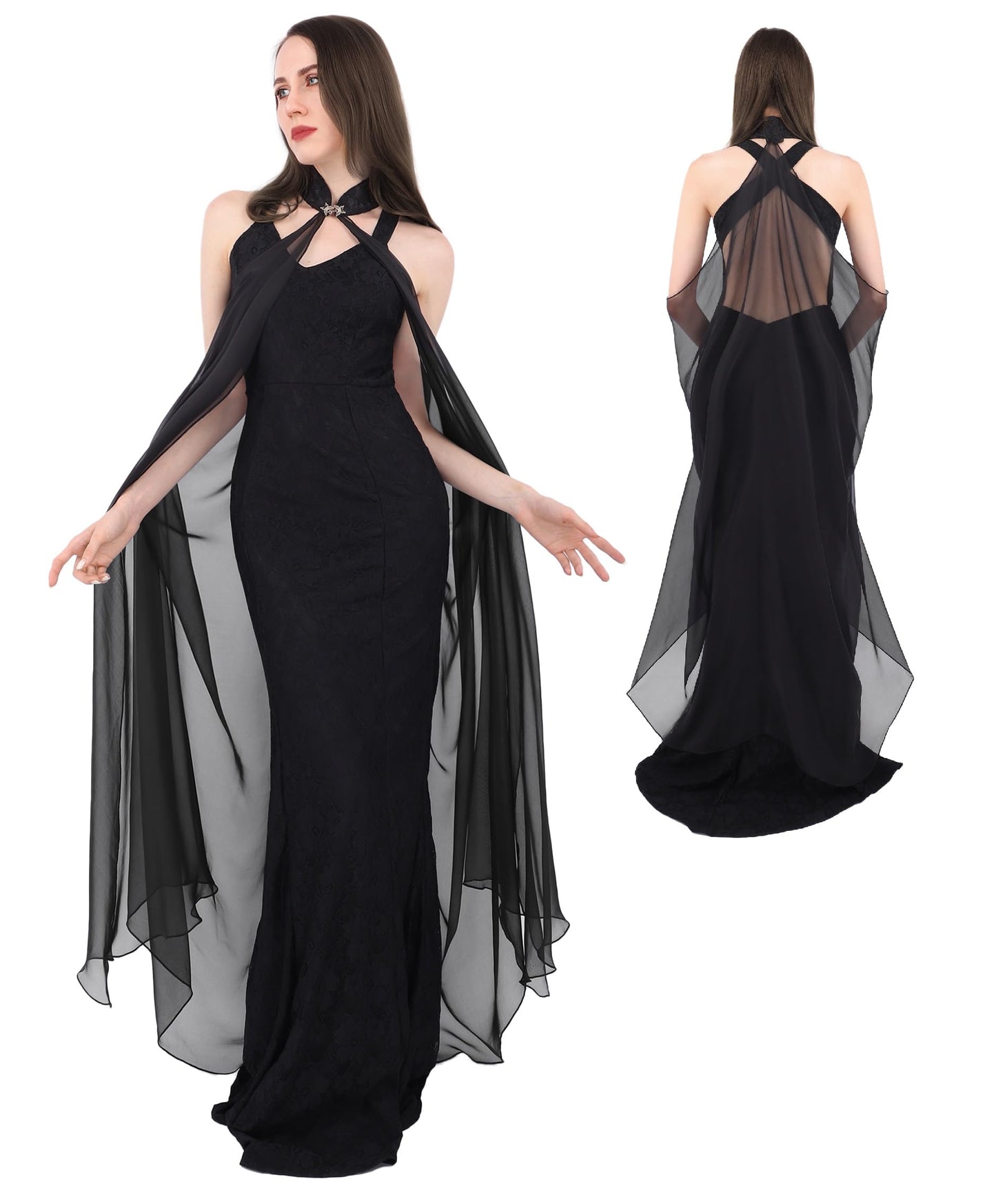 DAZCOS Chiffon Shawls Cape for Women Tulle Cloak Sheer for Evening Glamour Dresses Wedding Collared Halter Capelet (Black)